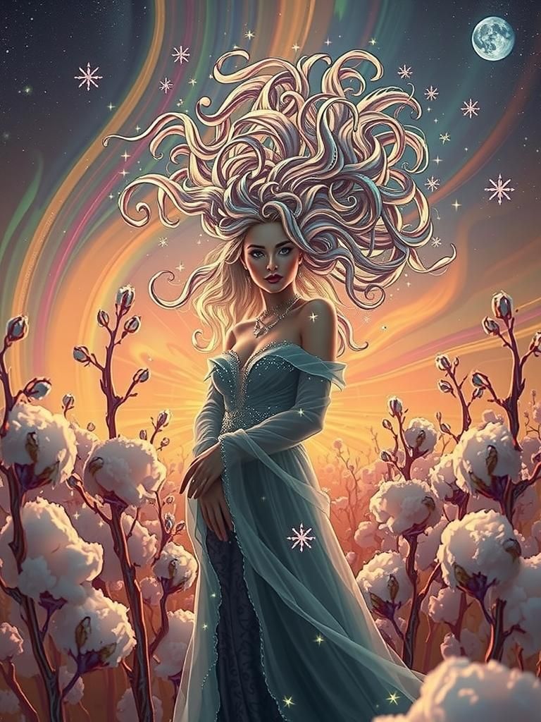 Ethereal Sorceress in Cotton Wool Forest with Aurora Boreali...