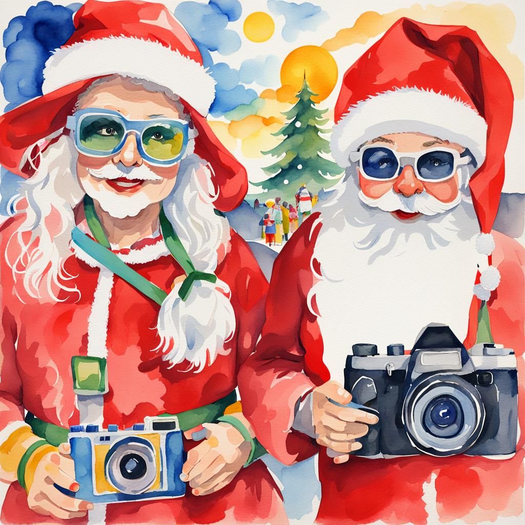 Santa and Mrs. Claus: Summer Tourists in Watercolor