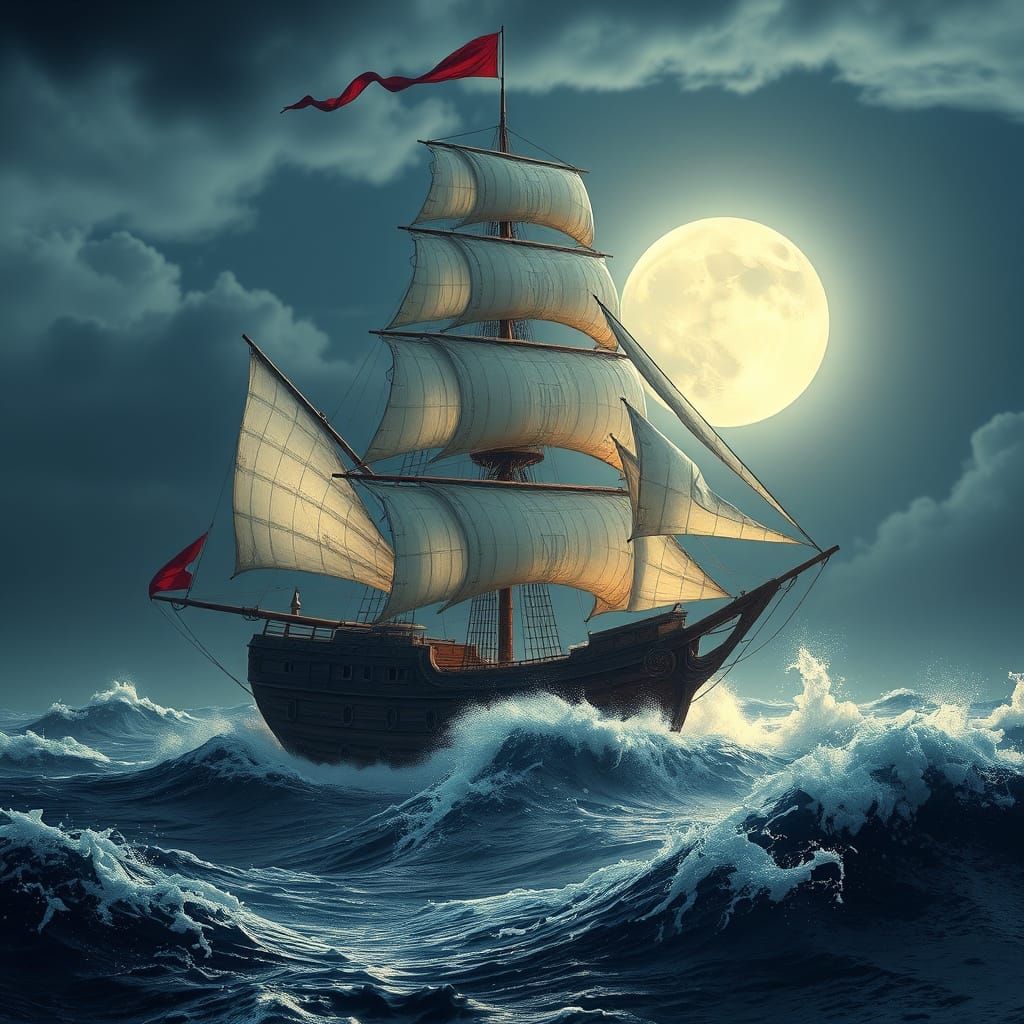 Majestic Sailing Ship Under Full Moon in Turbulent Waves