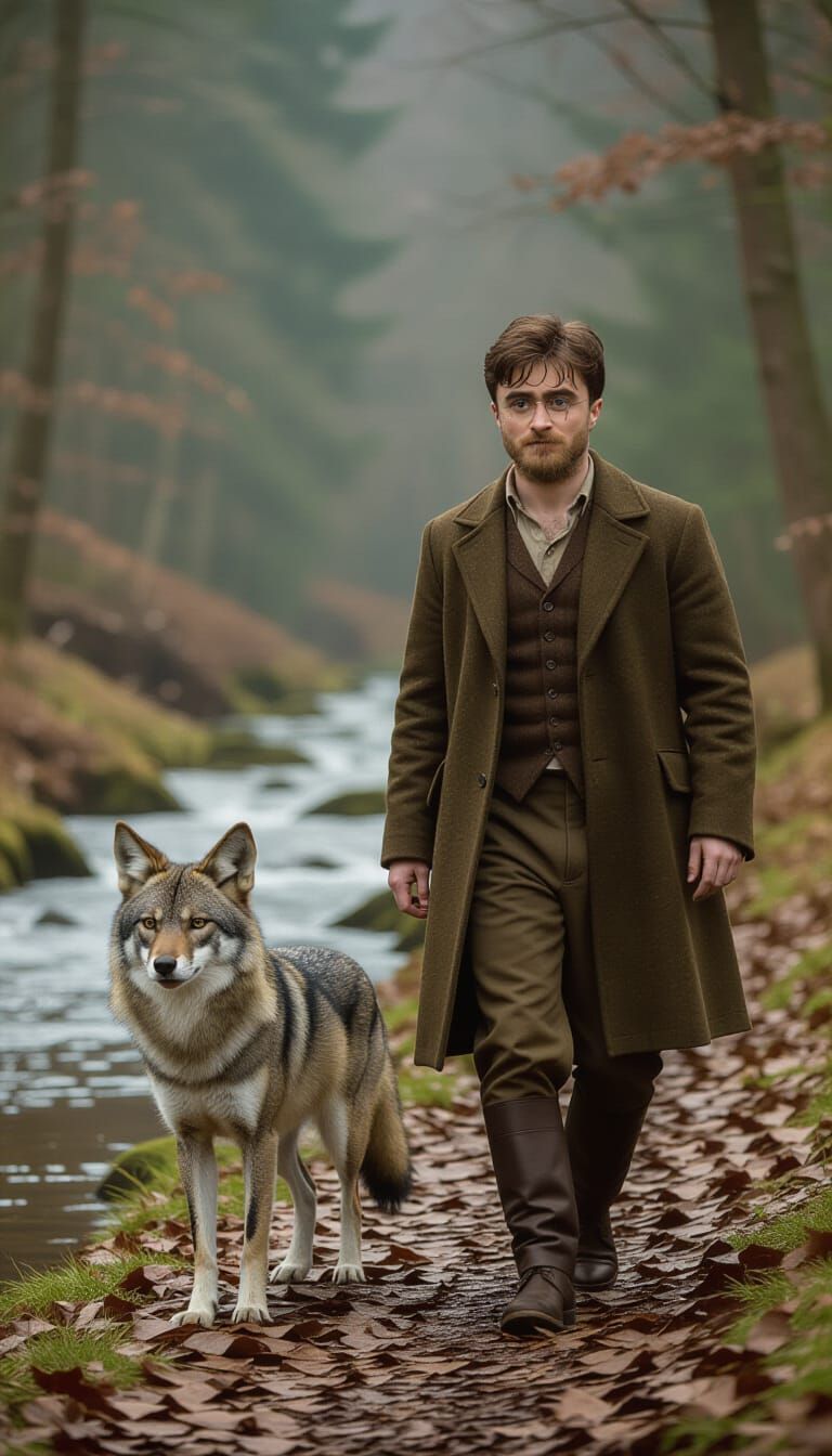 Daniel Radcliffe and Jackal in Atmospheric Woods