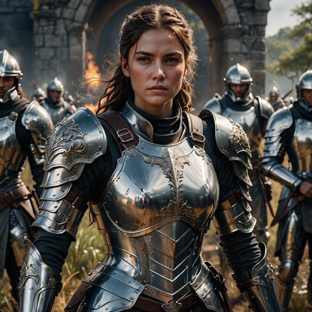 Lady with her troops contemplating the destruction of war...