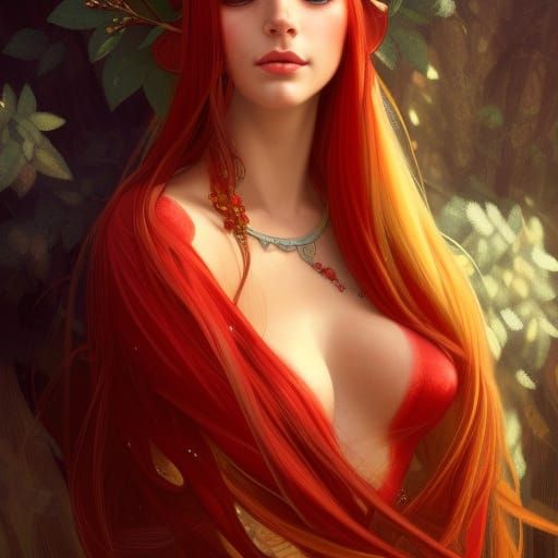 Beautiful Fire Elf Portrait in Red Forest