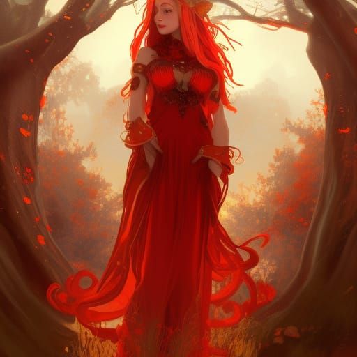 Red Elf Queen Portrait in Hyperdetailed Style