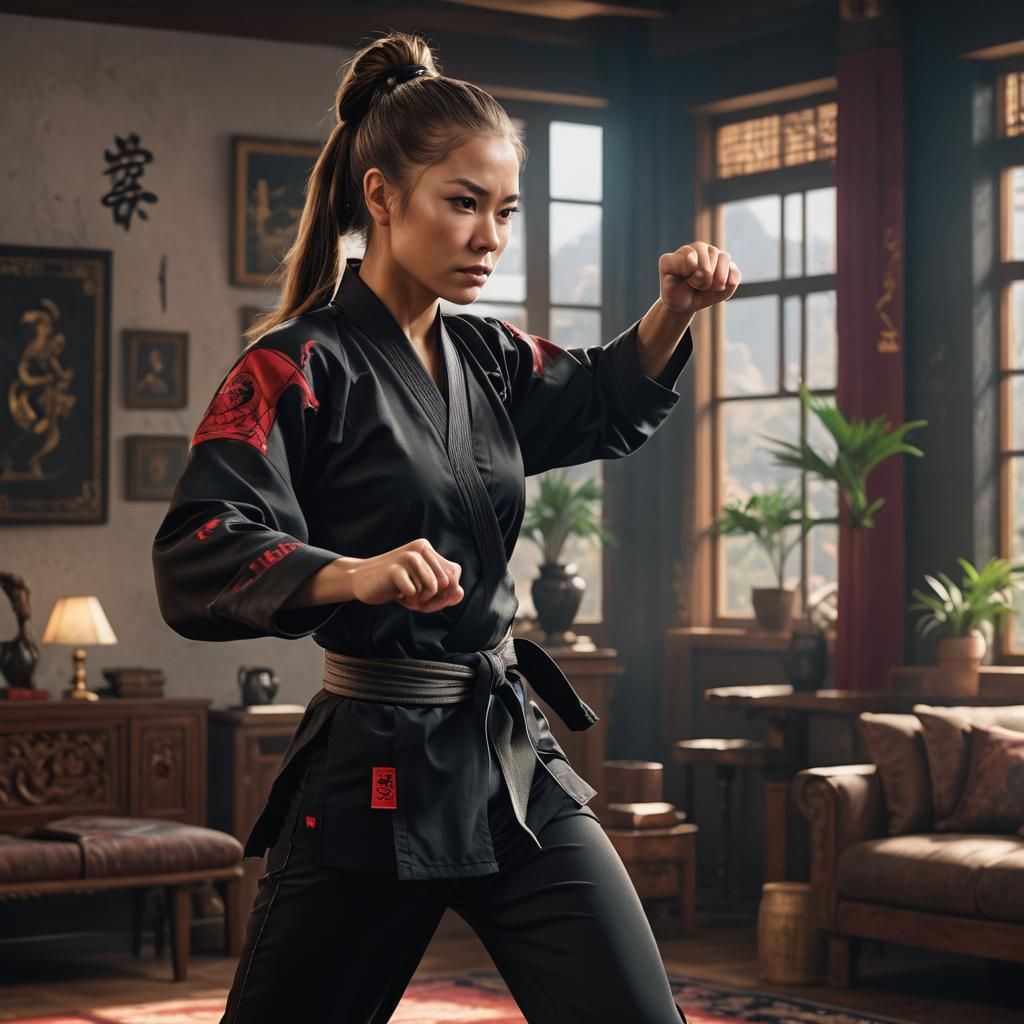 Hyperrealistic Martial Arts Portrait in Living Room