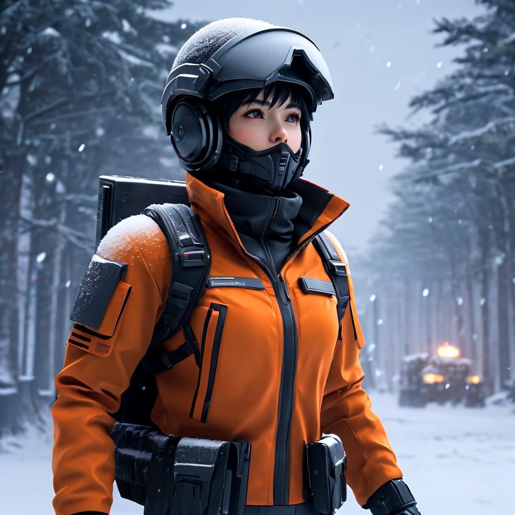 Scifi Soldier Anime Girl in a snow storm...