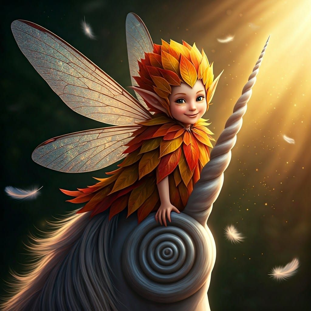Fairy on Unicorn with Autumn Leaves and Magic