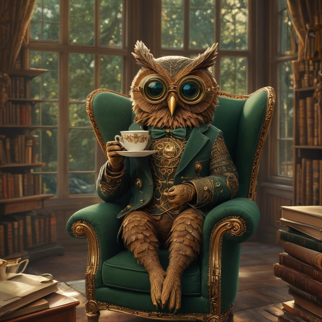 Steampunk Owl Sipping Tea in Victorian Library