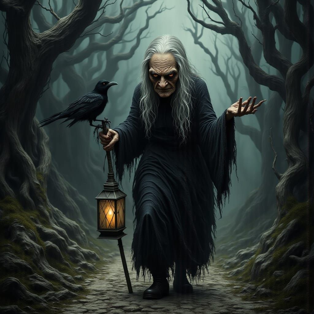 Ancient Witch in Eerie Forest with Raven