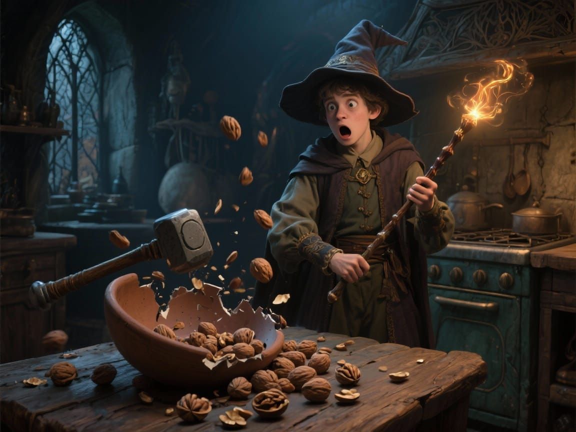 Wizard's Kitchen Mishap: Magic Hammer Smashes Walnuts