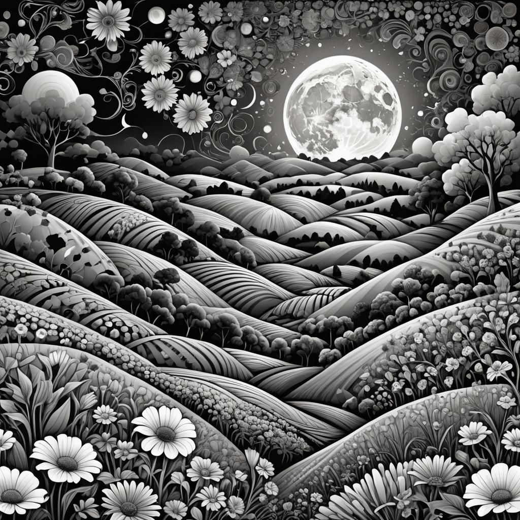 Monochrome Floral Landscape with Flower Moon