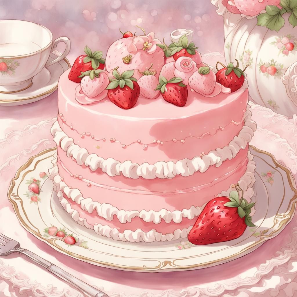 Pink Strawberry Cake in Anime Style