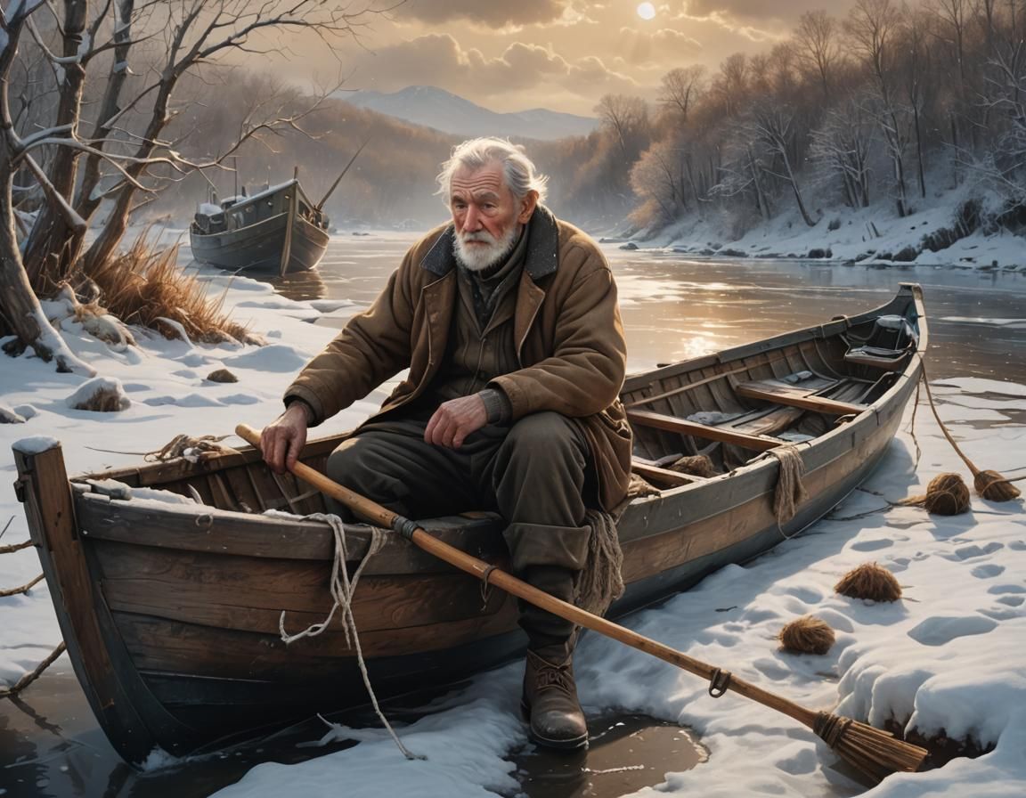 Icy River Scene: Digital Painting of Old Man in Boat