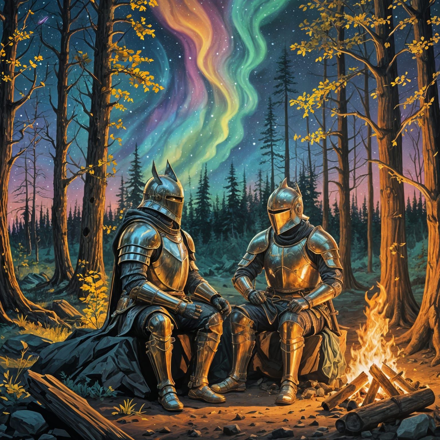 Knights Chatting by Campfire Under Aurora