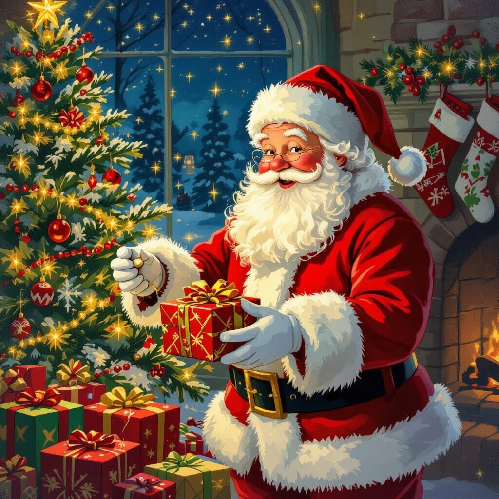 Santa Claus Distributes Presents in Cozy Home