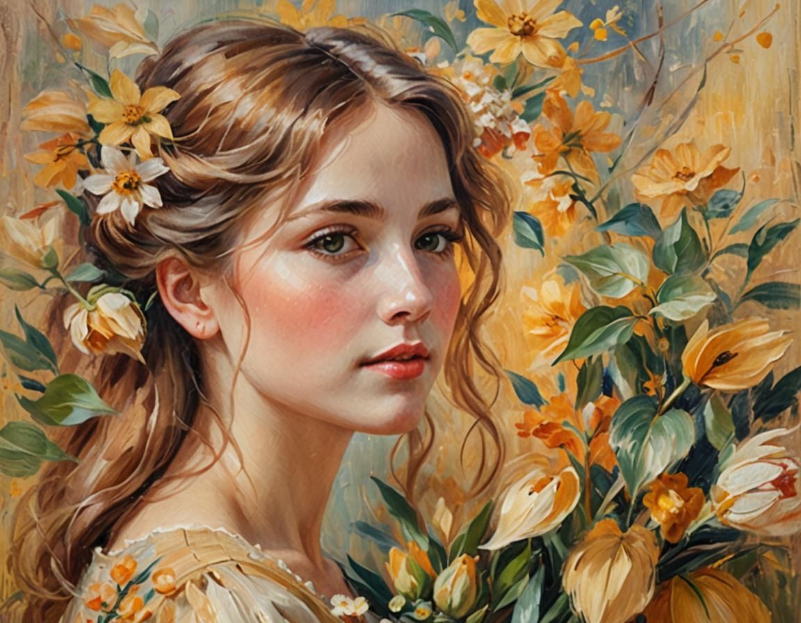 Young Woman with Bouquet: Impressionist Oil Painting