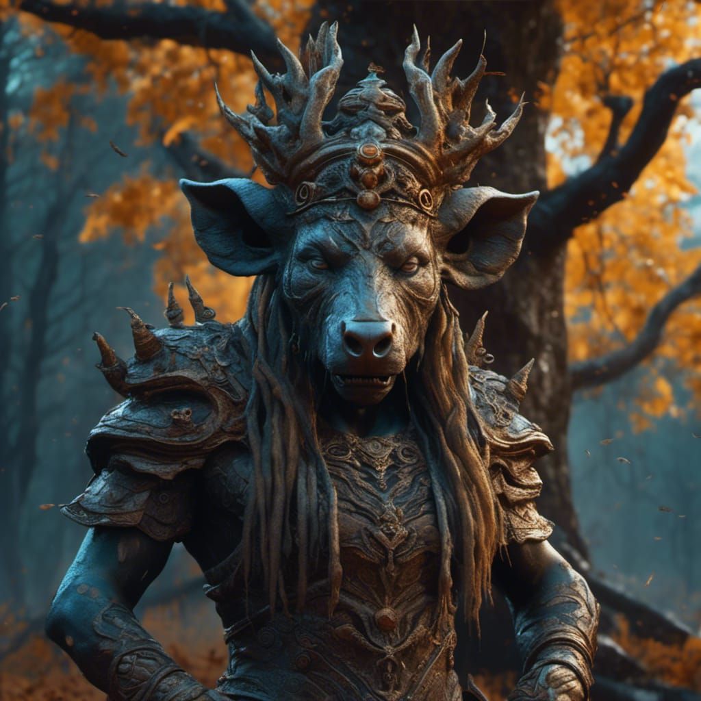 Boar-Headed Humanoid with Third Eye, Hyperrealistic Art