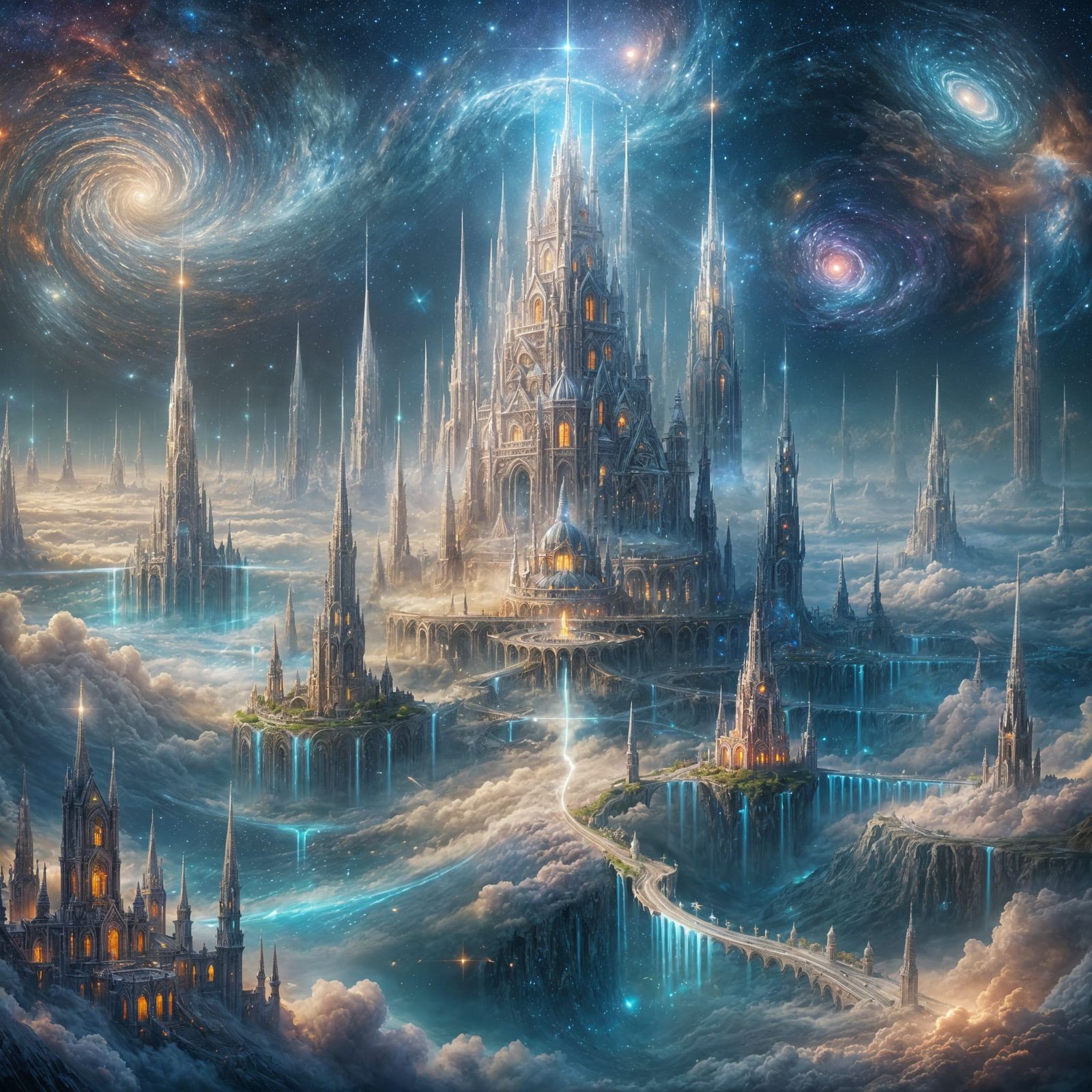 Dazzling Celestial Fortress in Iridescent Clouds