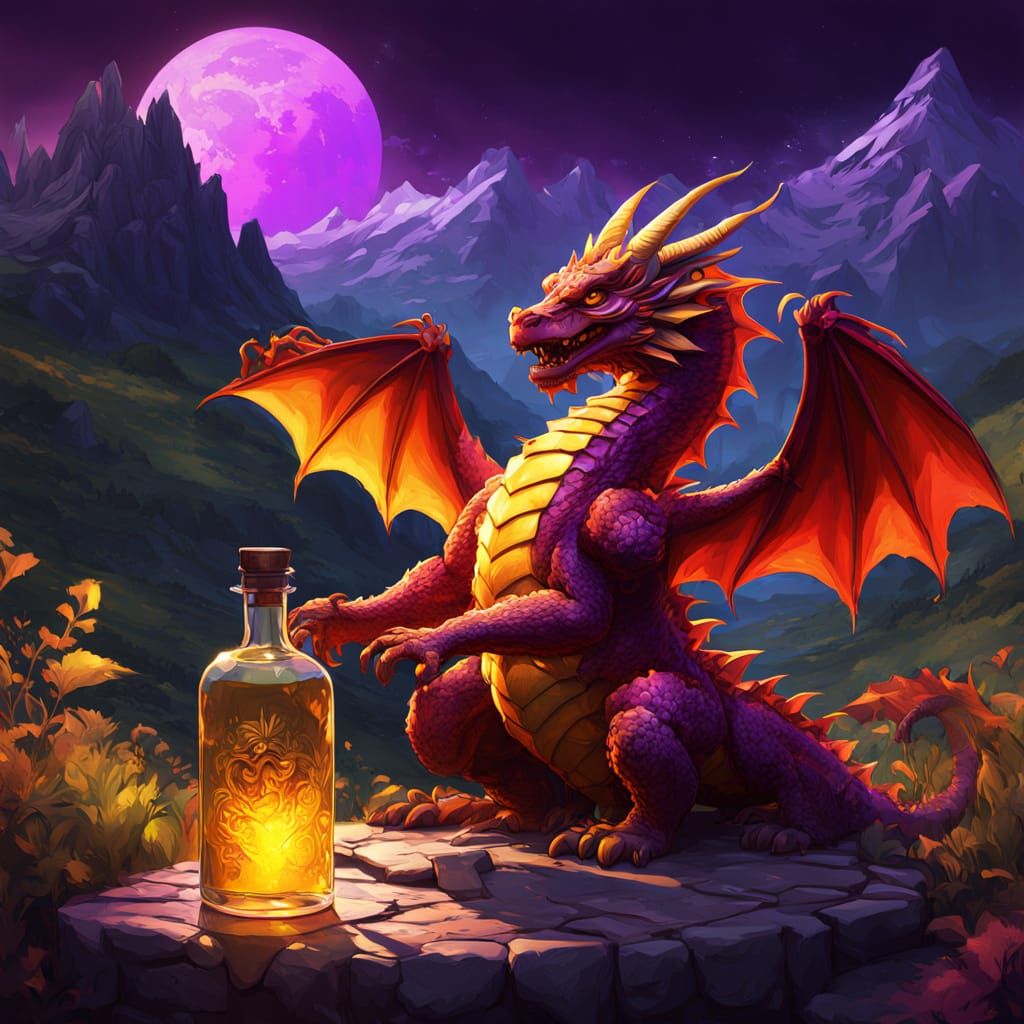 Cute Red Dragon Cradles Whisky on Welsh Mountains