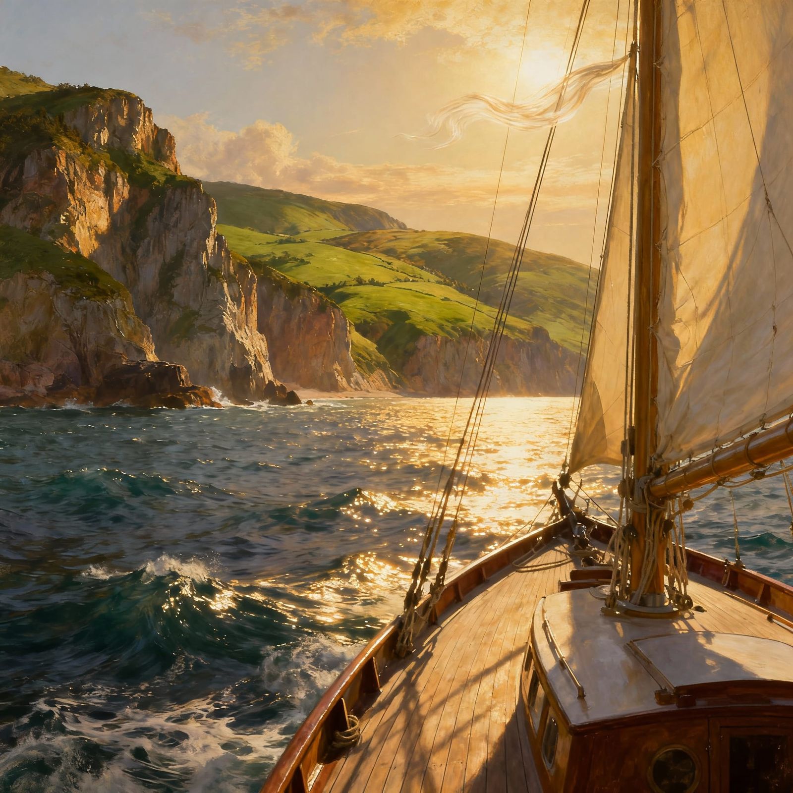 Sailboat View of Coastal Cliffs and Rolling Hills