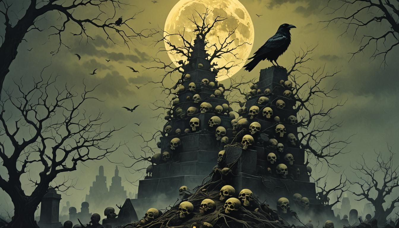 Raven Perched Atop Skull Pyramid in Surreal Horror Style