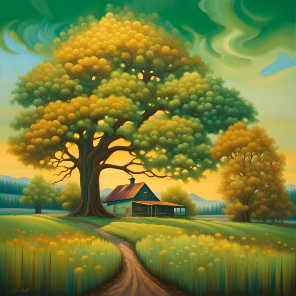 Enchanted Farmhouse in Magic Prairie, Oil Painting