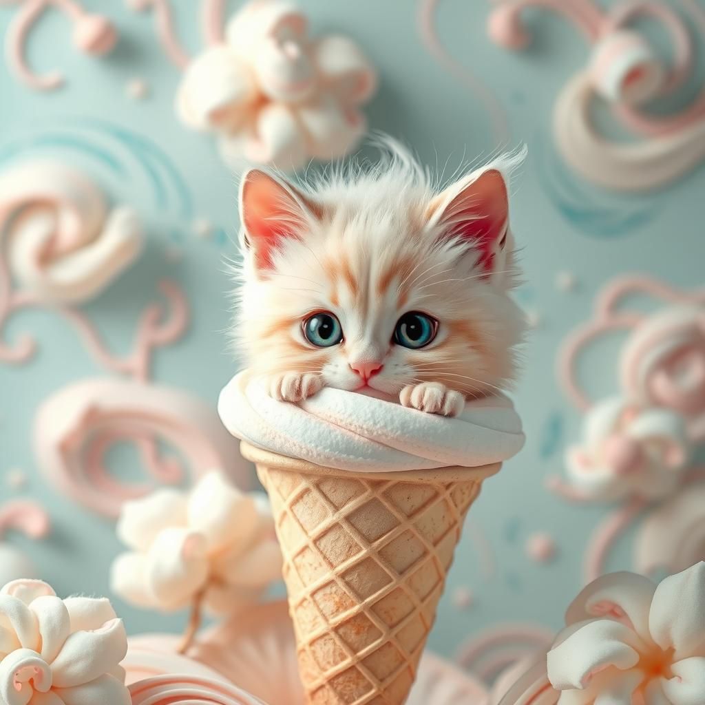Kawaii Kitten Peeks Out of Ice Cream Cone