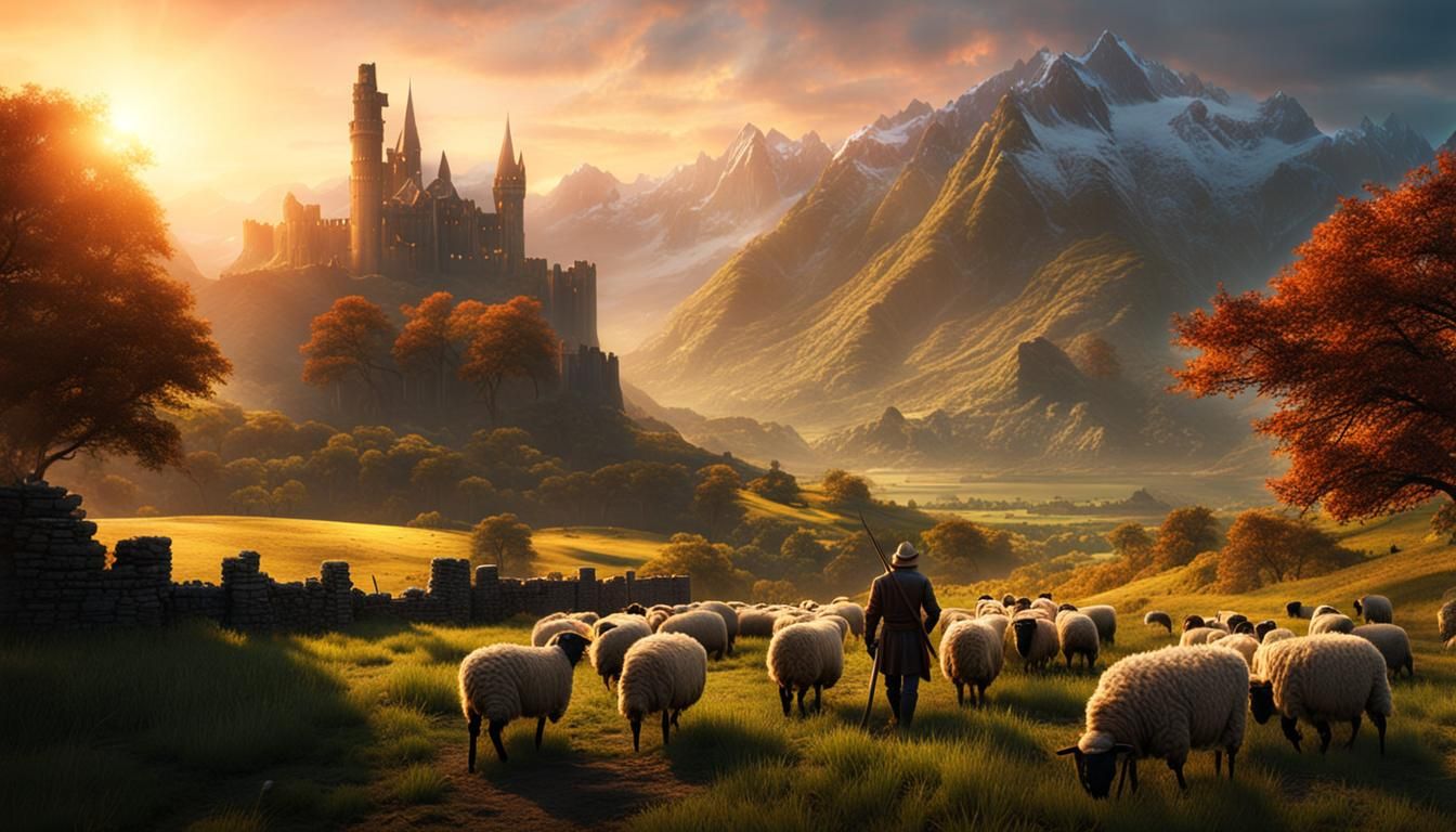 Elven Castle Sunrise: Farmer and Sheep in Landscape
