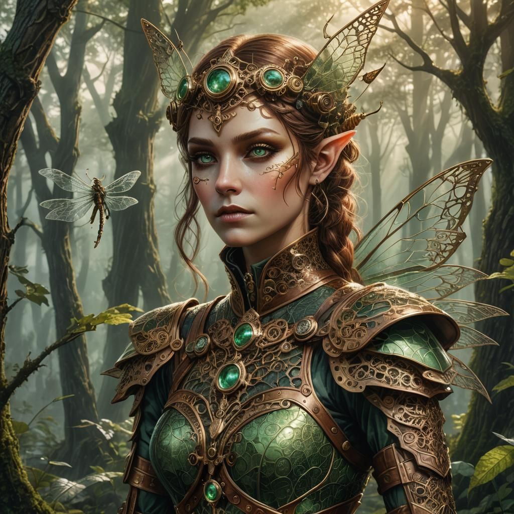 Steampunk Dragonfly Armor on Wood Elf: Victorian Engraving