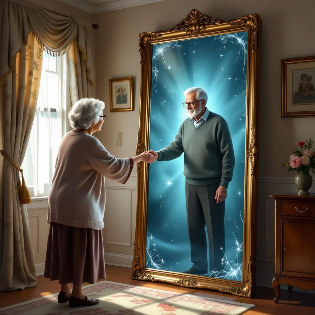 Elderly Woman Reaches Through Time Portal Mirror