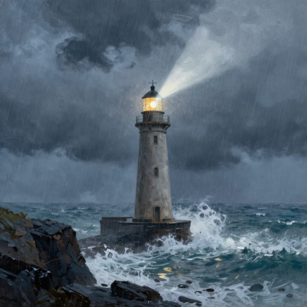 Ancient Lighthouse Braving Stormy Seas in Dramatic Light