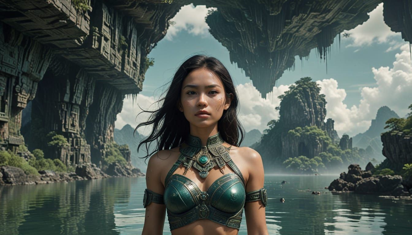 Levitating Thai Girl on Beach with Cyborg Warriors