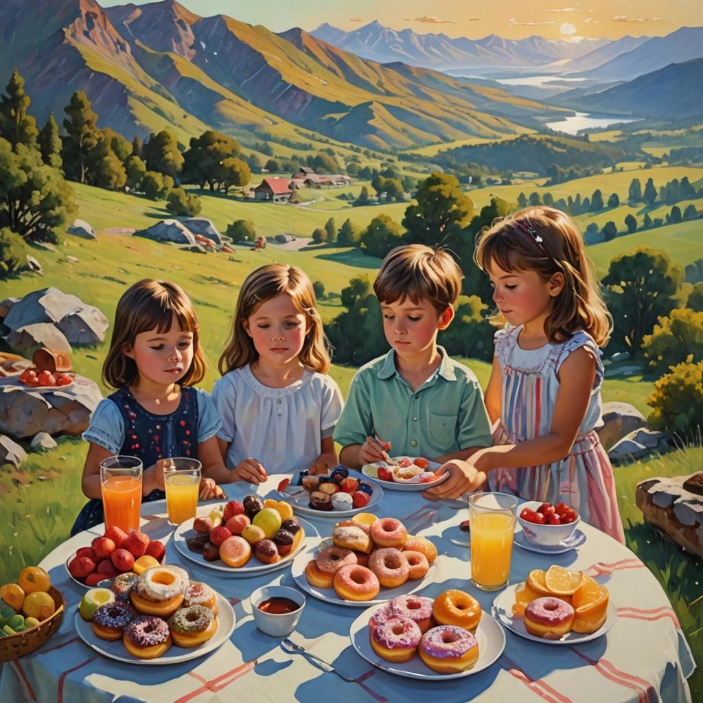Children's Picnic at Sunrise, Oil Painting