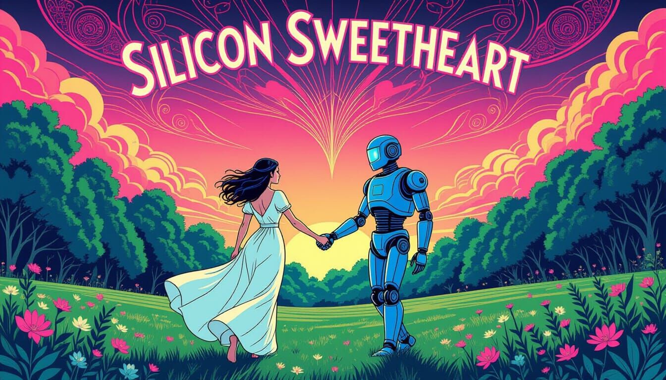 Woman and Robot in Park with Art Deco Elements