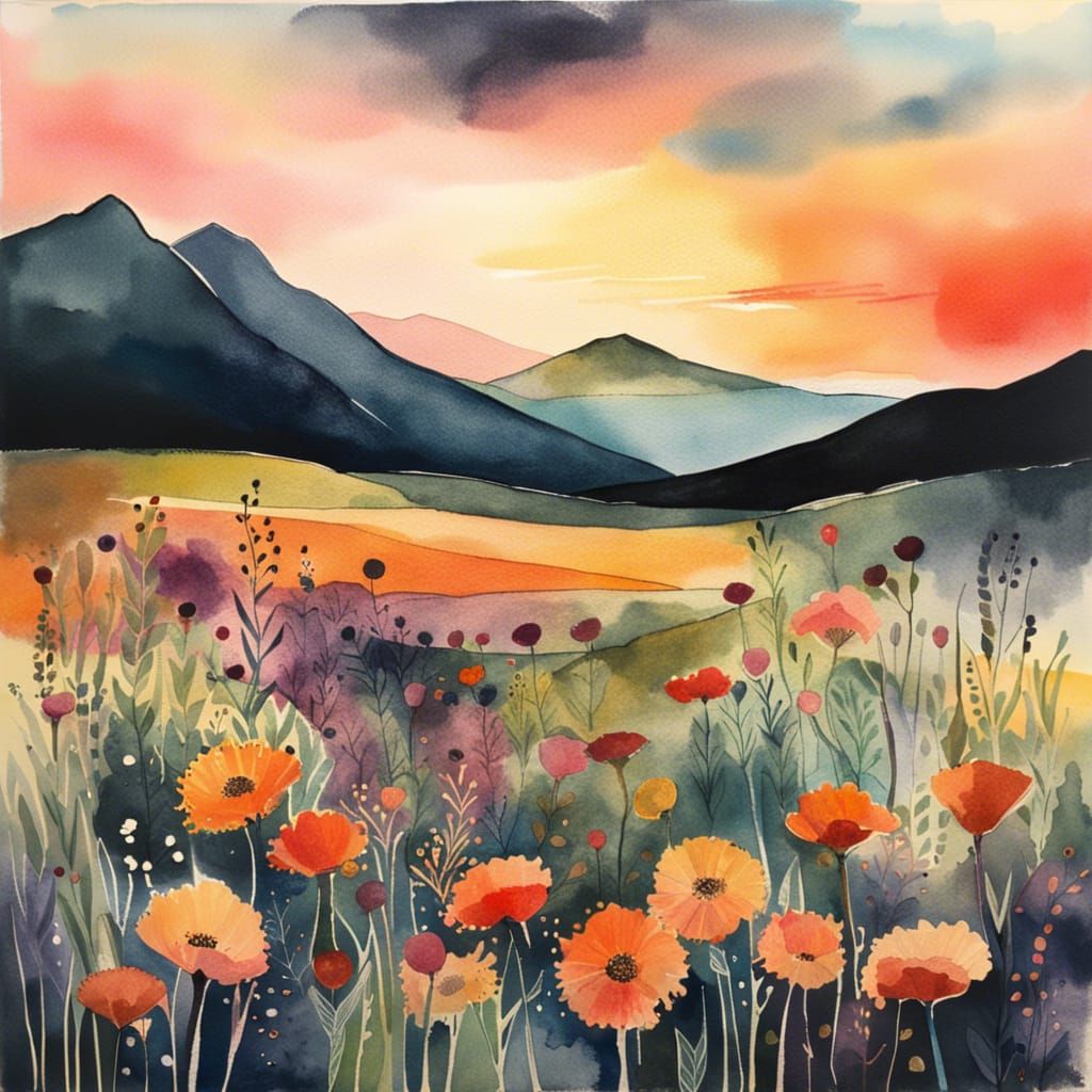 Moody Watercolor Sunset Over Field and Mountains