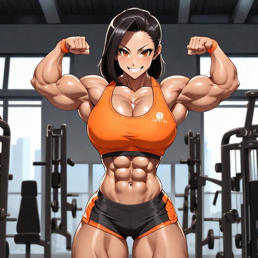 Muscular Asian Bodybuilder Flexing Biceps in Anime Style