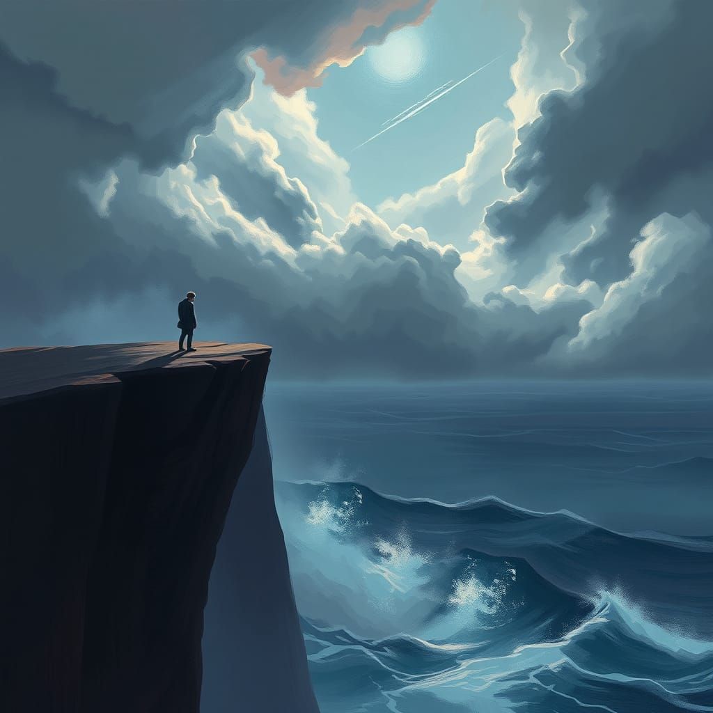 Melancholy Figure at Stormy Cliff Edge