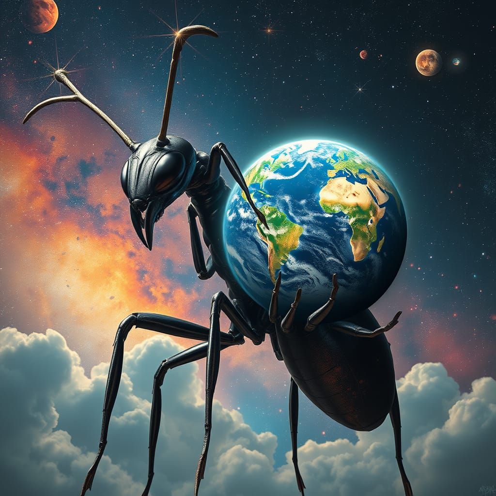 Giant Ant Holding Earth in Surreal Space Art