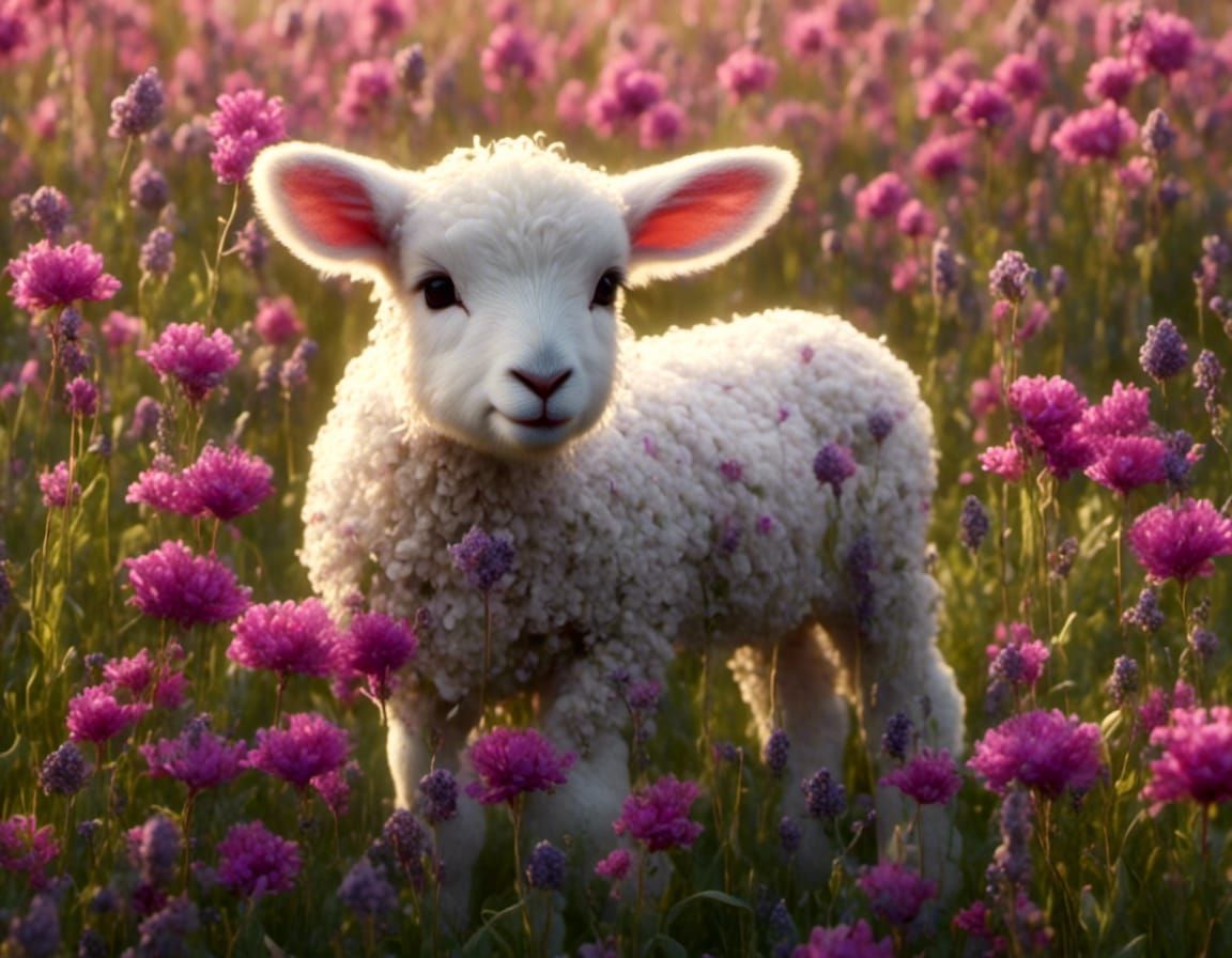 Lambs Grazing in Lavender Field with Butterflies
