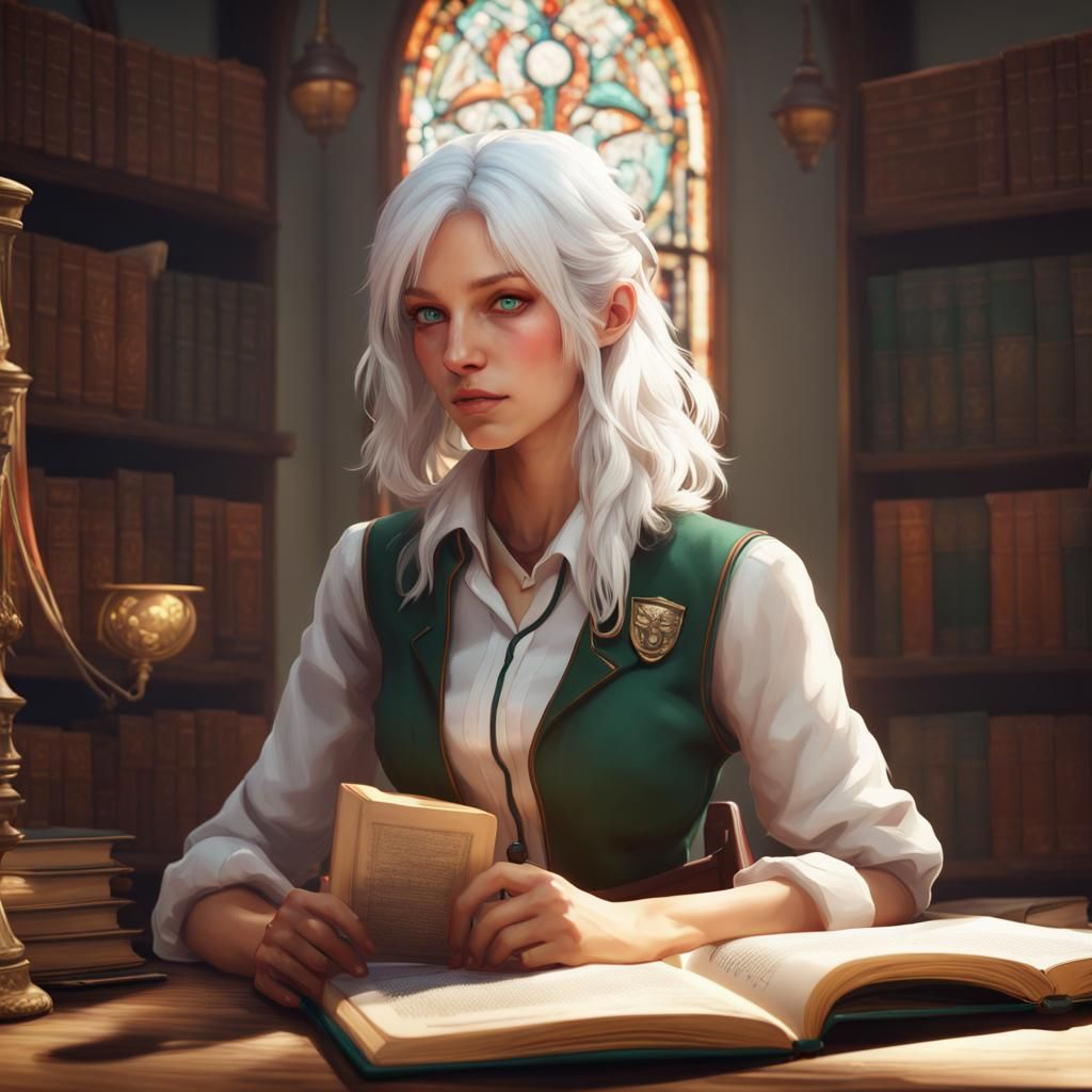 Green Eyed Student Reads Book in Art Nouveau Style
