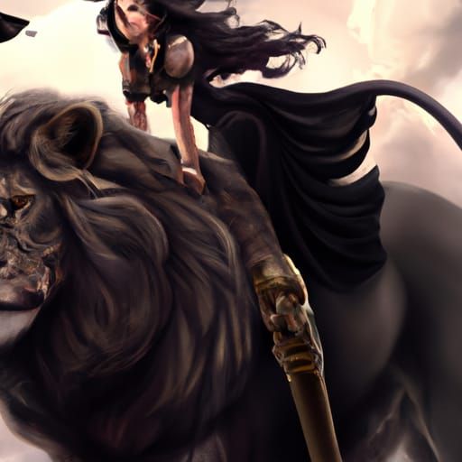 Girl on Lion with Flag: Hyperdetailed Portrait