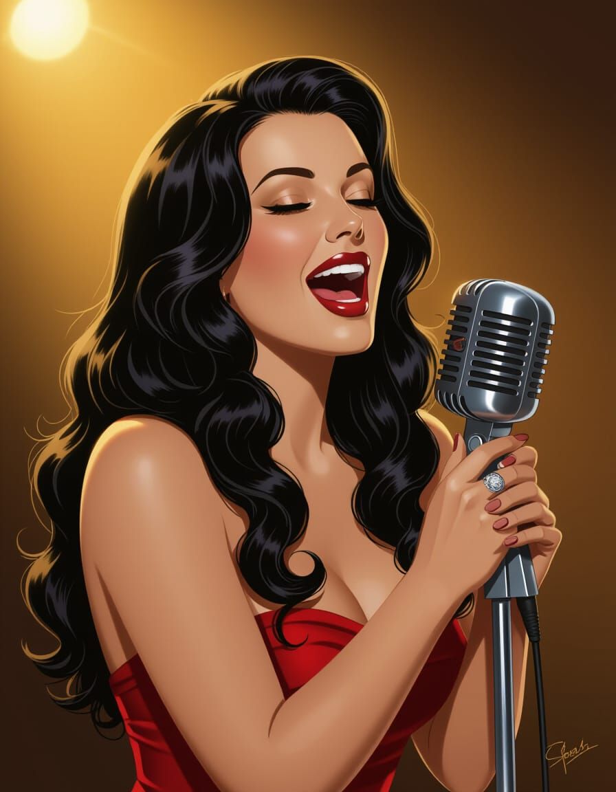 Pinup Singer Performing with Vintage Microphone Under Golden...