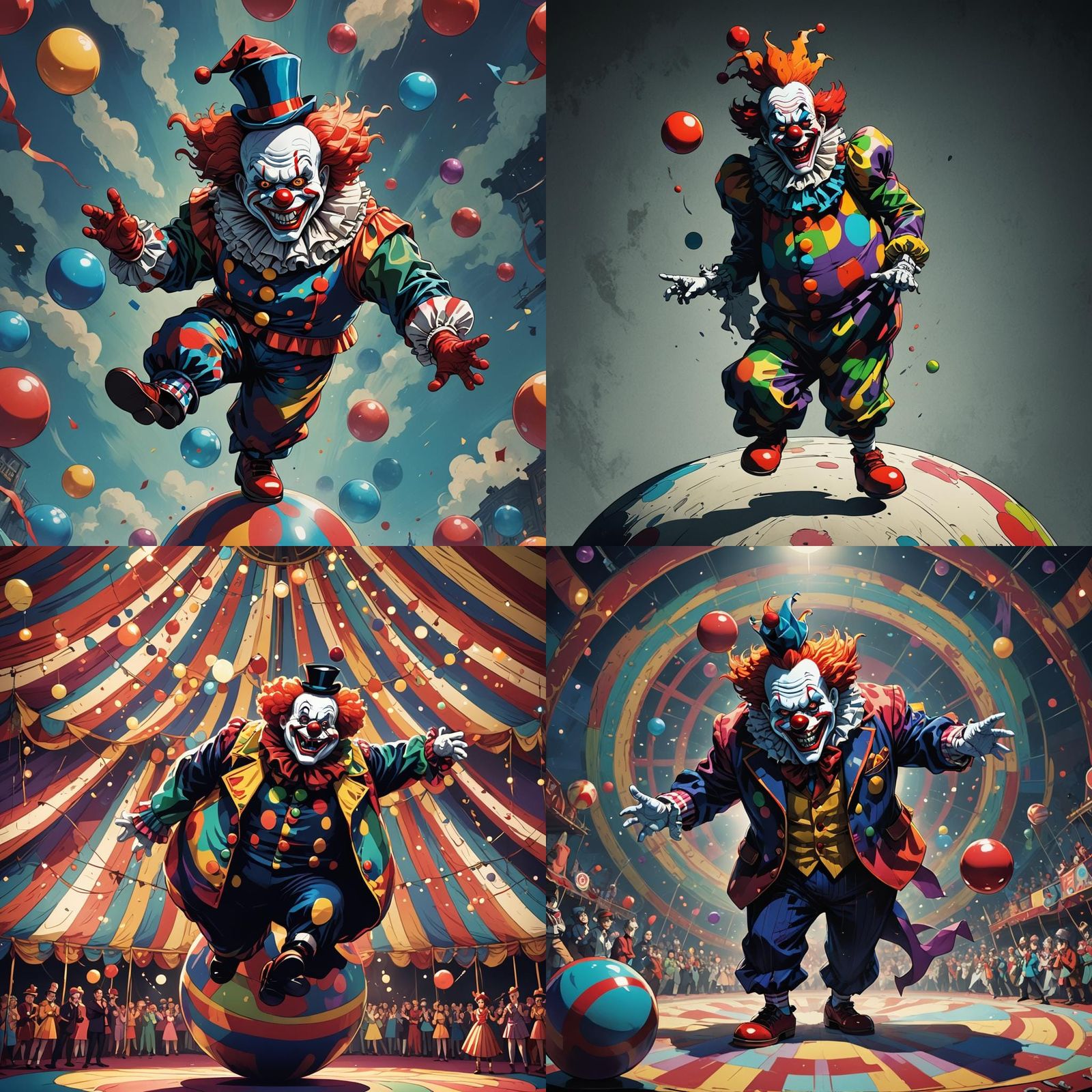 Evil Clown Balancing on Ball: Cel-Shaded Anime Art