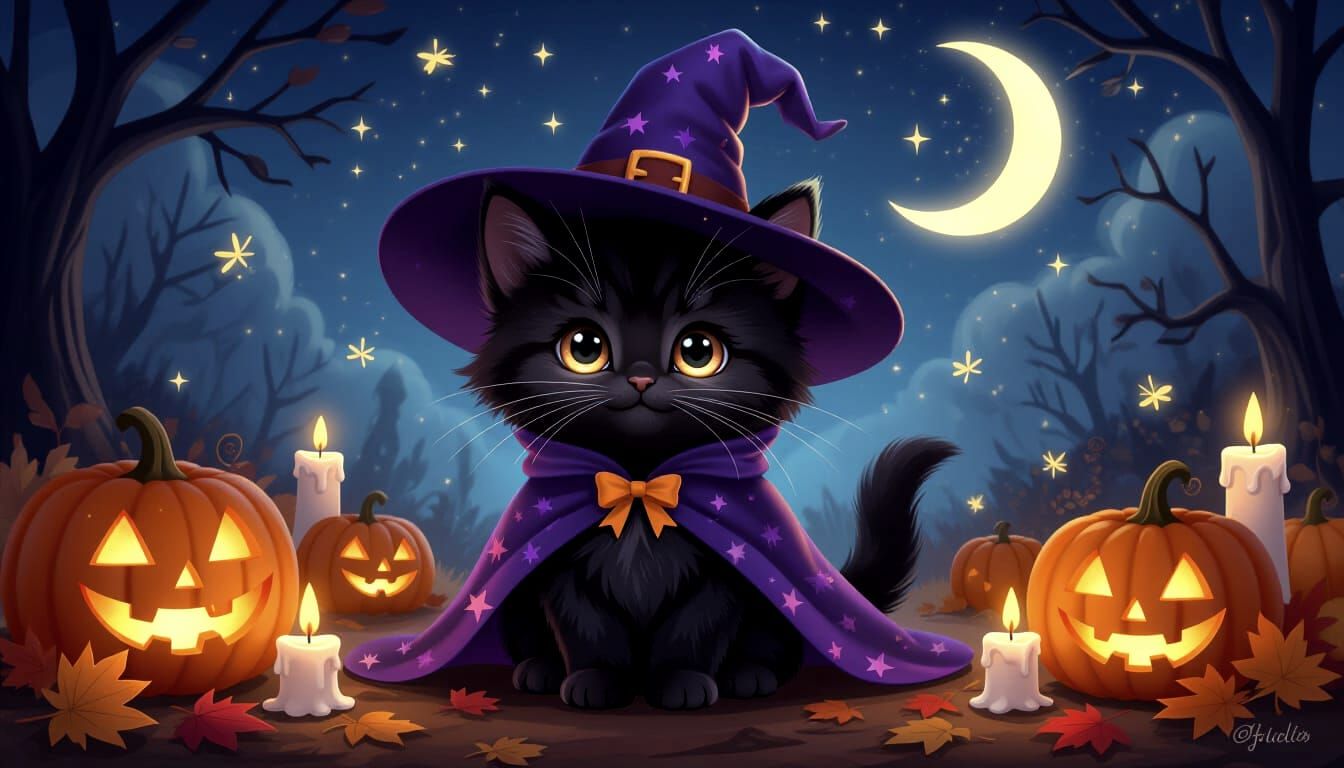 Cute Fluffy Kitten in Witch Hat Halloween Illustration