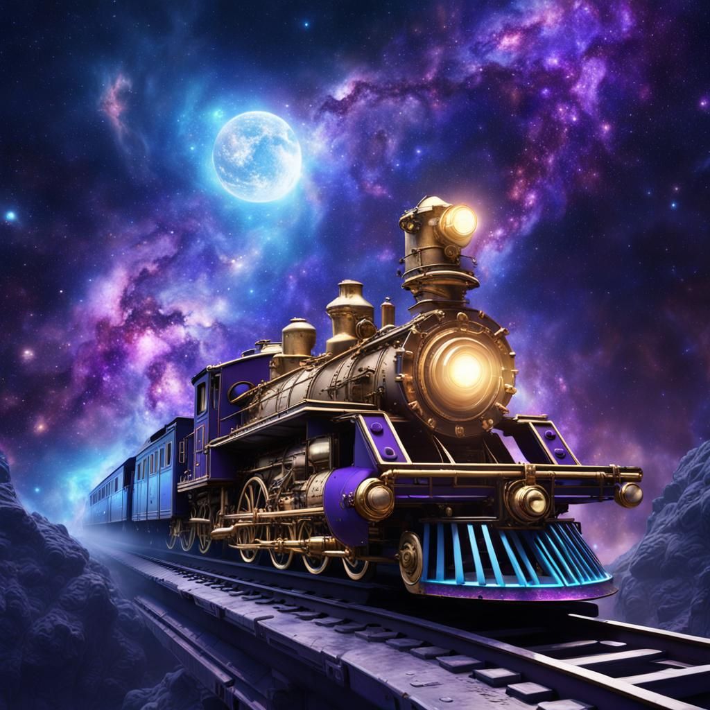 Steampunk Train Soaring Through Blue Galaxy