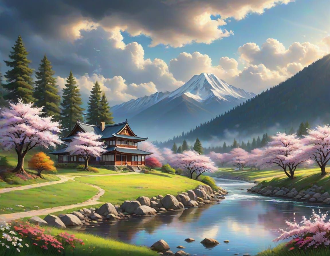 Vibrant Spring Meadow with Majestic Mountains and Cherry Blo...