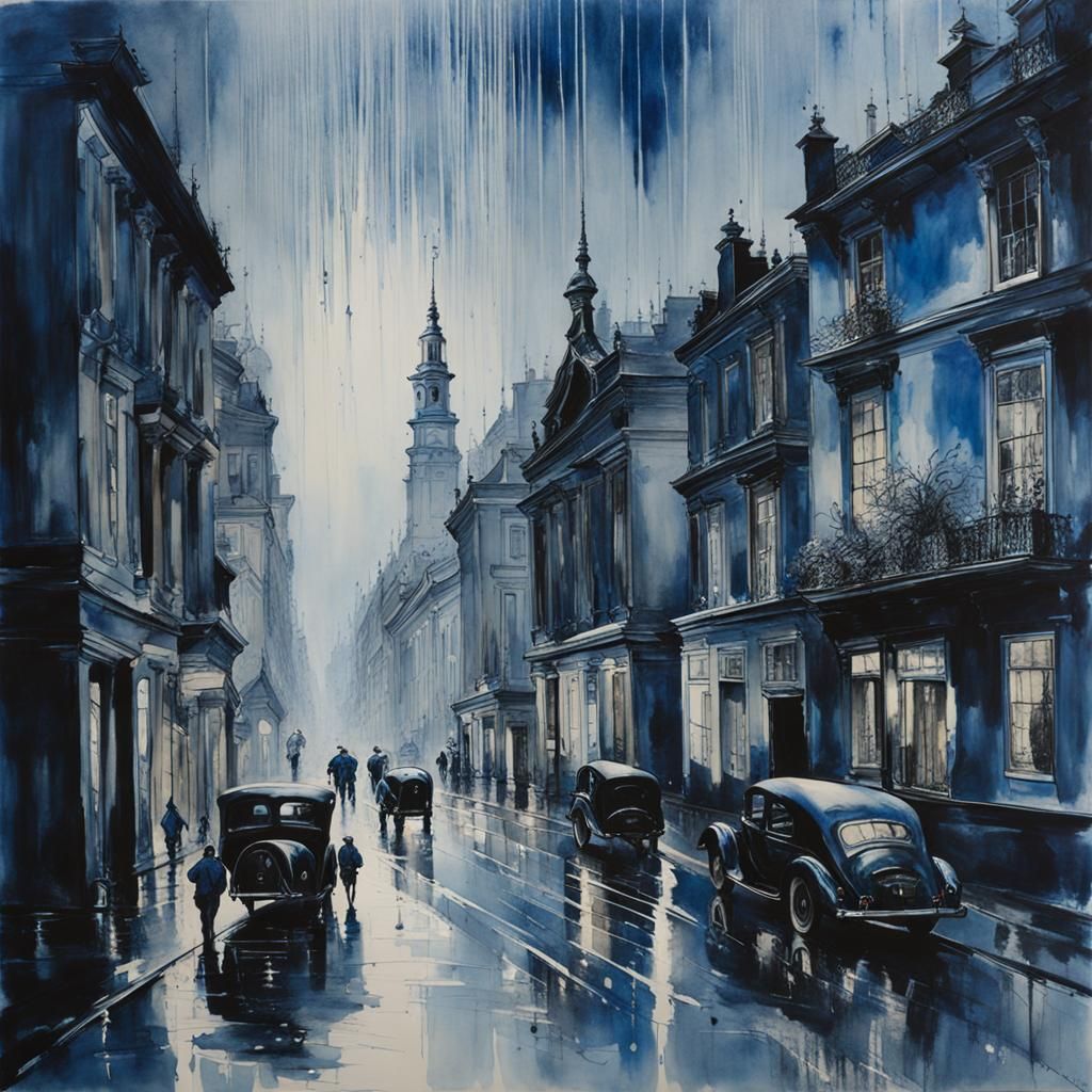 Bichromatic Rainy Cityscape in Blue and Grey
