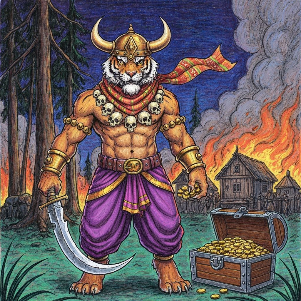 Fearsome Tiger Monster with Treasure in Illustrated Style