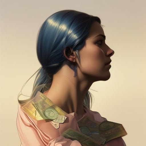 Detailed Portrait of Woman Surrounded by Money