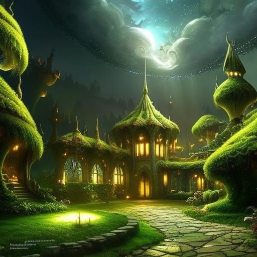 Fairytale City in Clouds Under Starry Sky