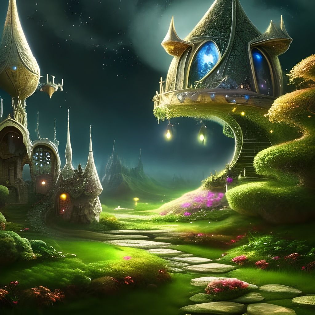 Fairytale City in Clouds with Glowing Houses